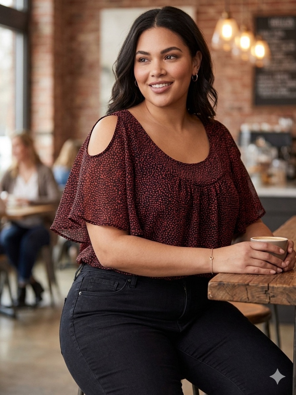 Torrid Red & Black Speckled Cold-Shoulder Flutter Sleeve Blouse - Size 1